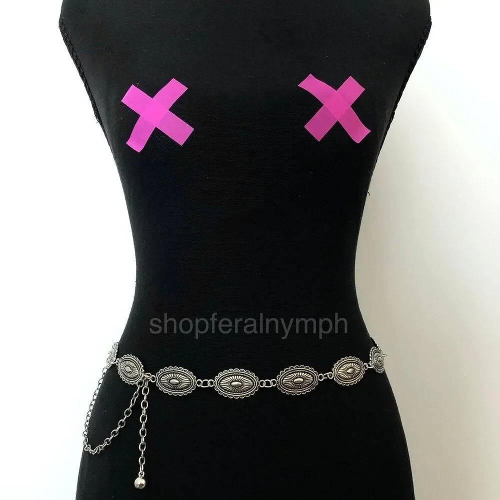Vintage Y2K Western Silver Concho Chain Belt, Fits 16–39.5 Inches, X7GA1222